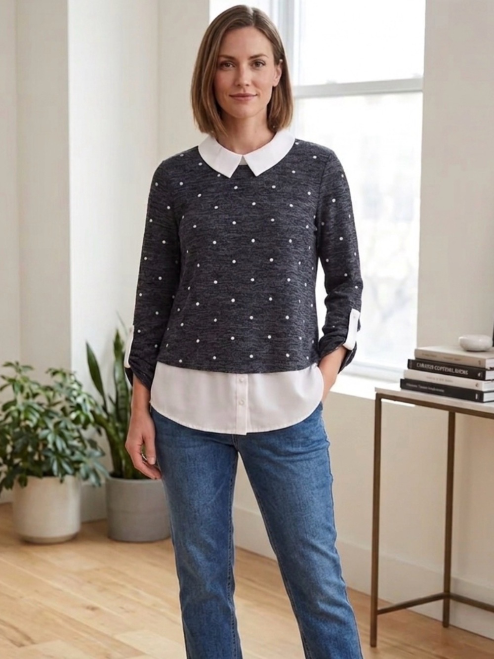 Faith and Joy gray/cream polka dot sweater with attached blouse. Size M.